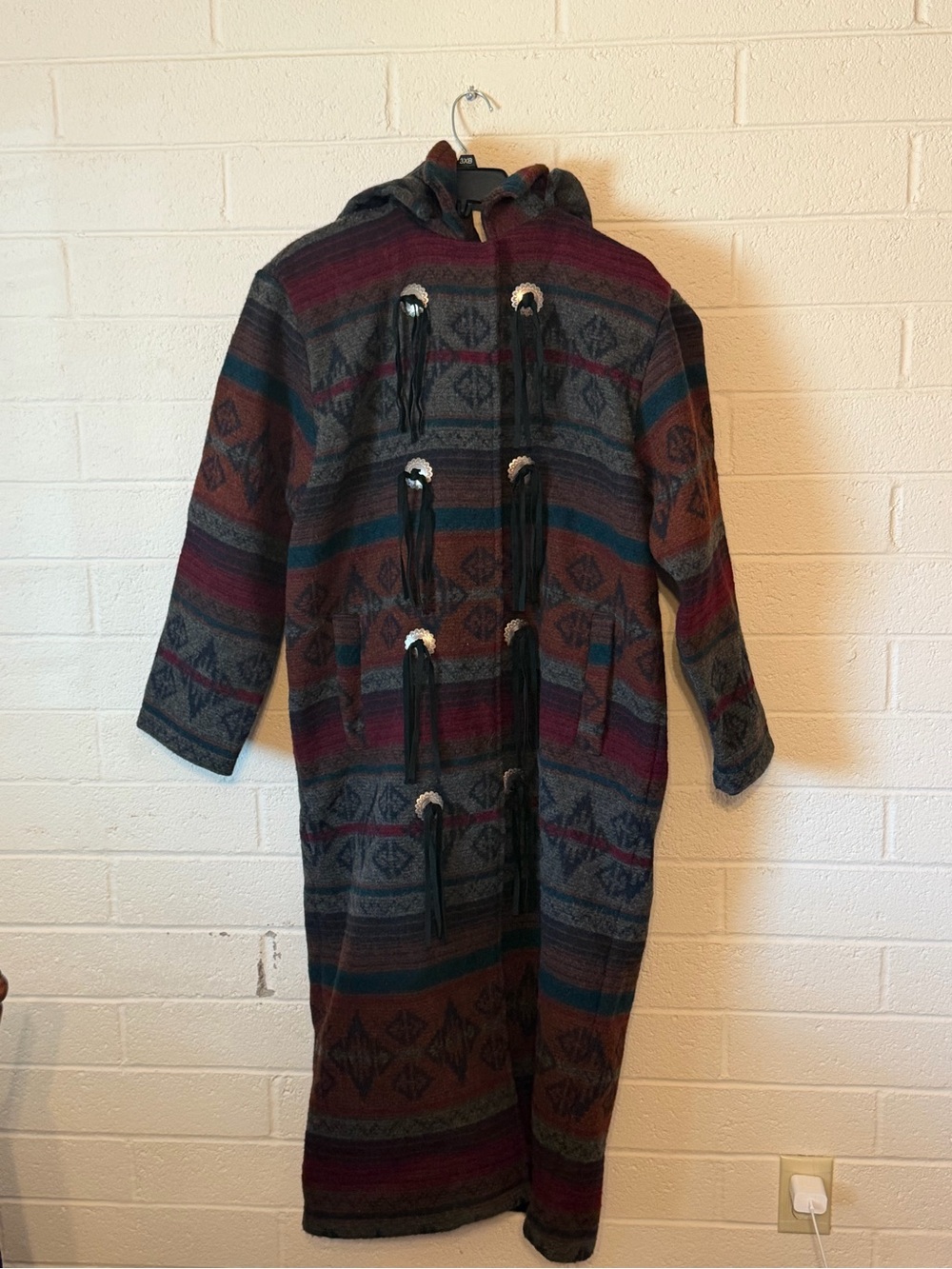 Vintage Woolrich Hooded Aztec-Pattern Long Cape in Burgundy, Teal & Gray